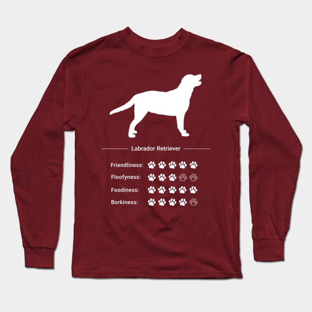 Labrador Retriever Stats - Friendliness, Floofyness, Foodiness, Borkiness Long Sleeve T-Shirt by PawPrintShopByMia